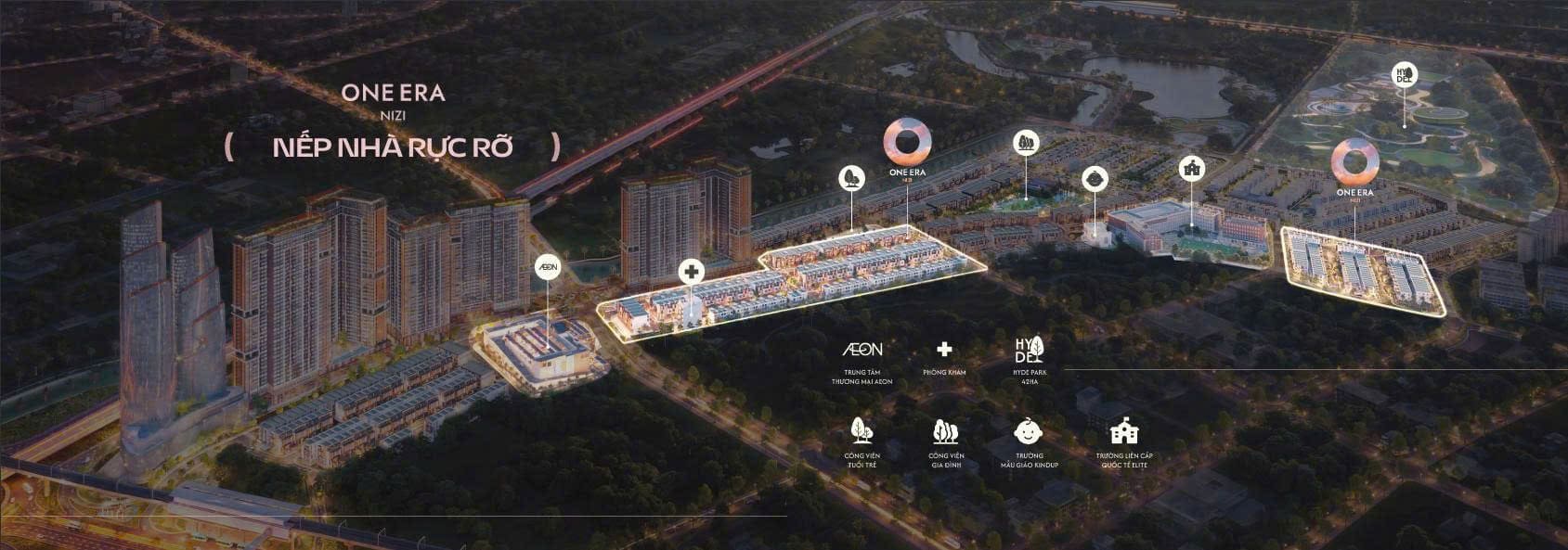 Với quỹ đất lên đến 50 hecta nhưng mật độ xây dựng chỉ 27%, One Era dành phần lớn không gian cho mảng xanh thiên nhiên và tiện ích công cộng.